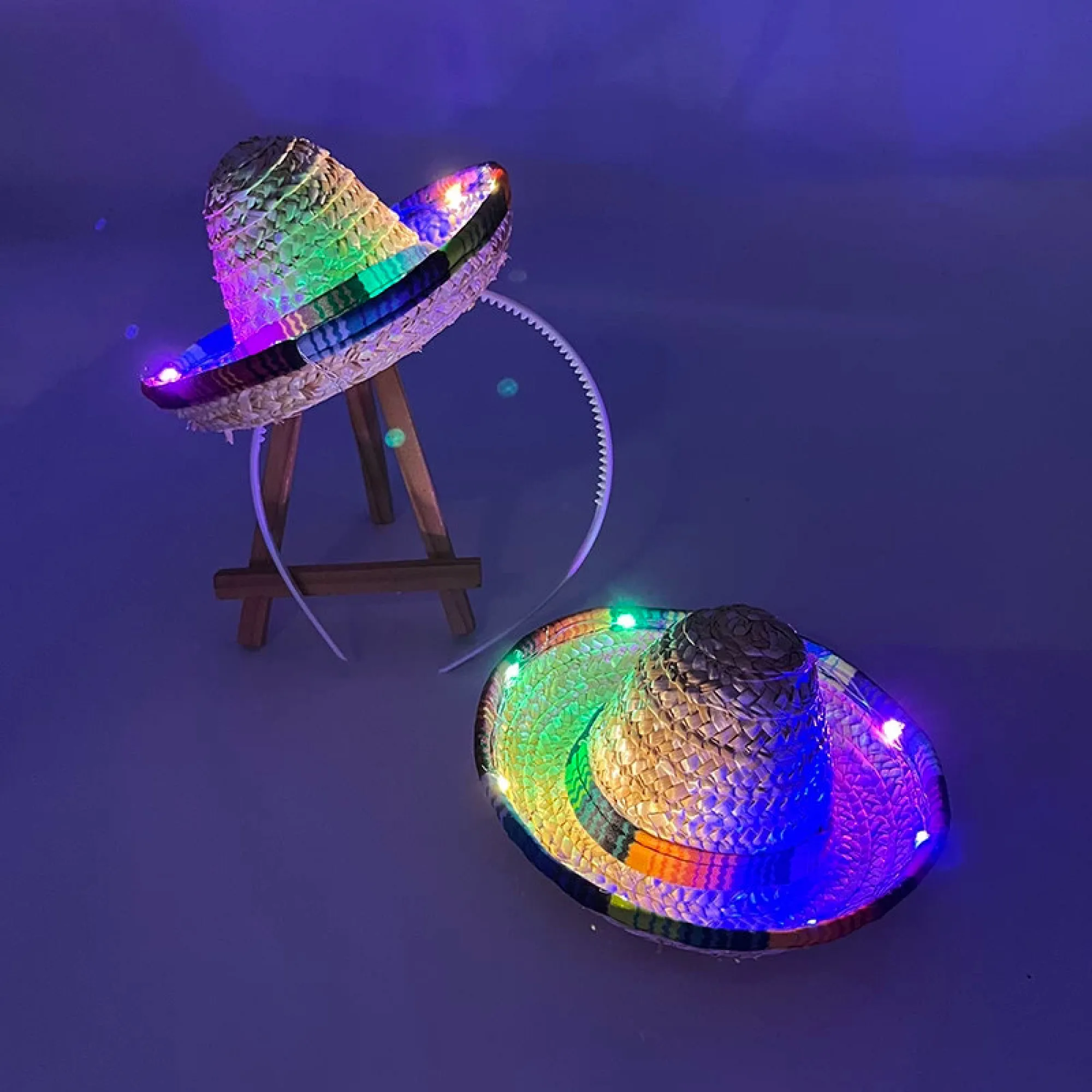LED Pet Straw Sombrero Sun Hat with Multicolor Striped Brim thumbnail 4