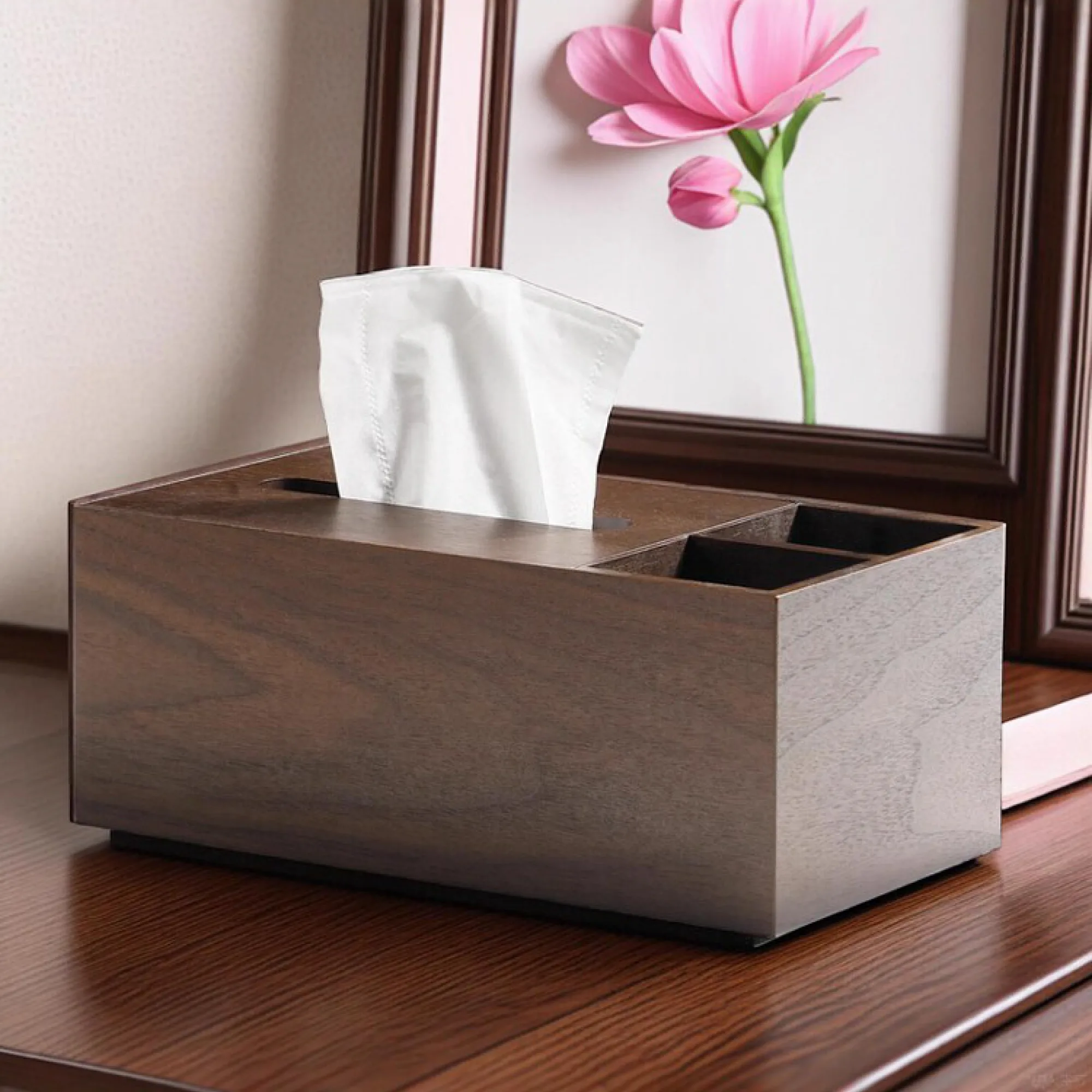 Walnut Wood Tissue Box with Multi-Functional Storage thumbnail 3