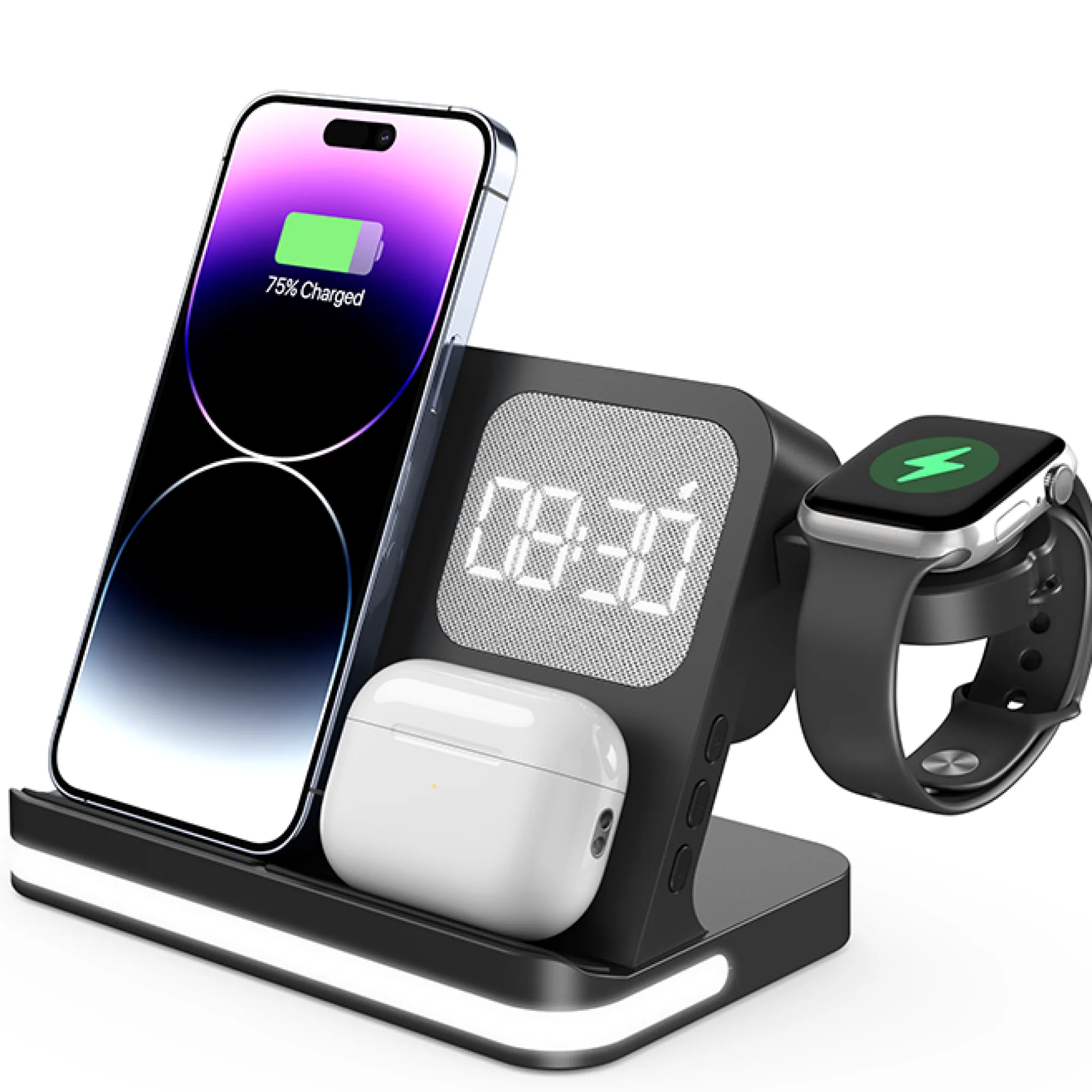 4-in-1 Wireless Charging Station with Clock and Alarm