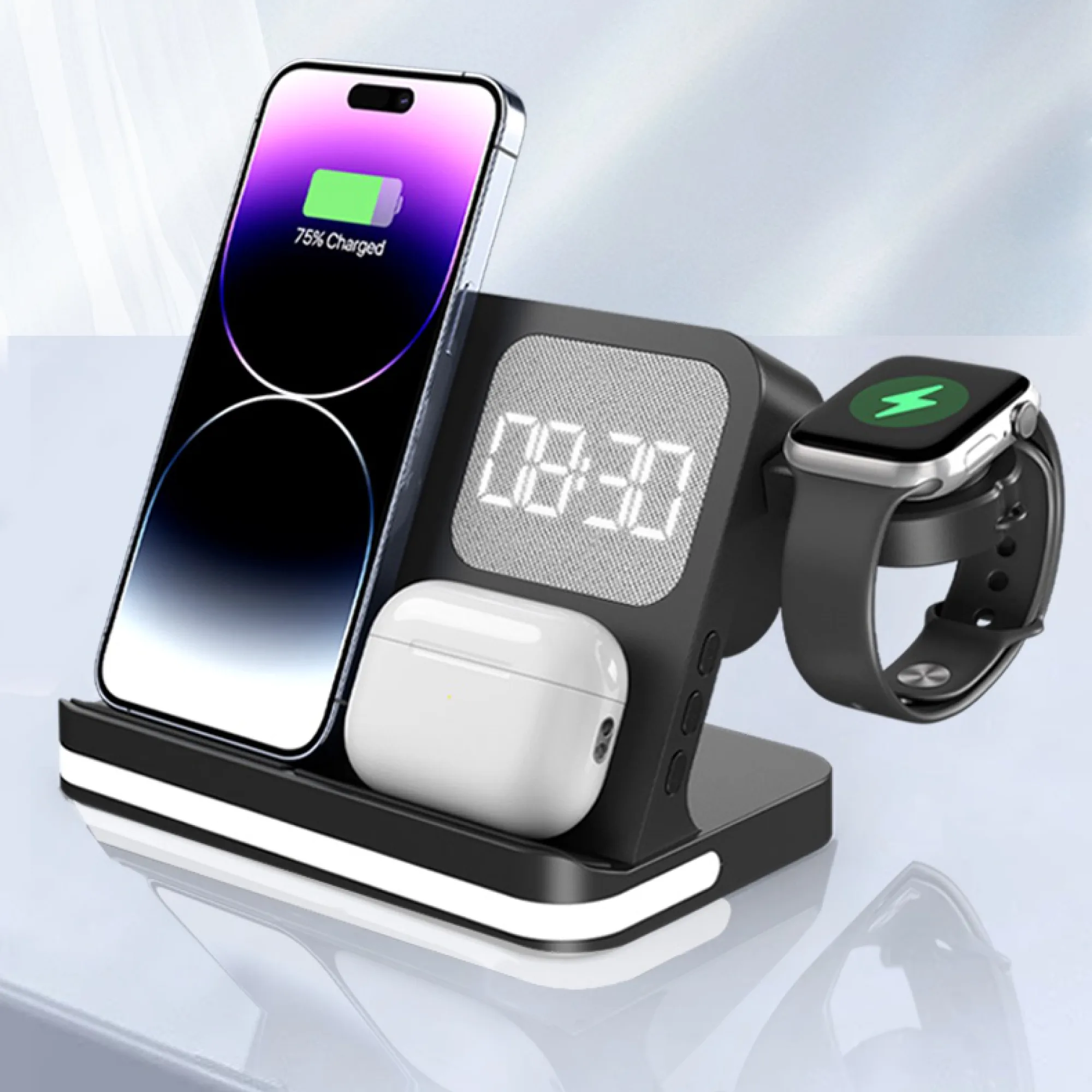 4-in-1 Wireless Charging Station with Clock and Alarm