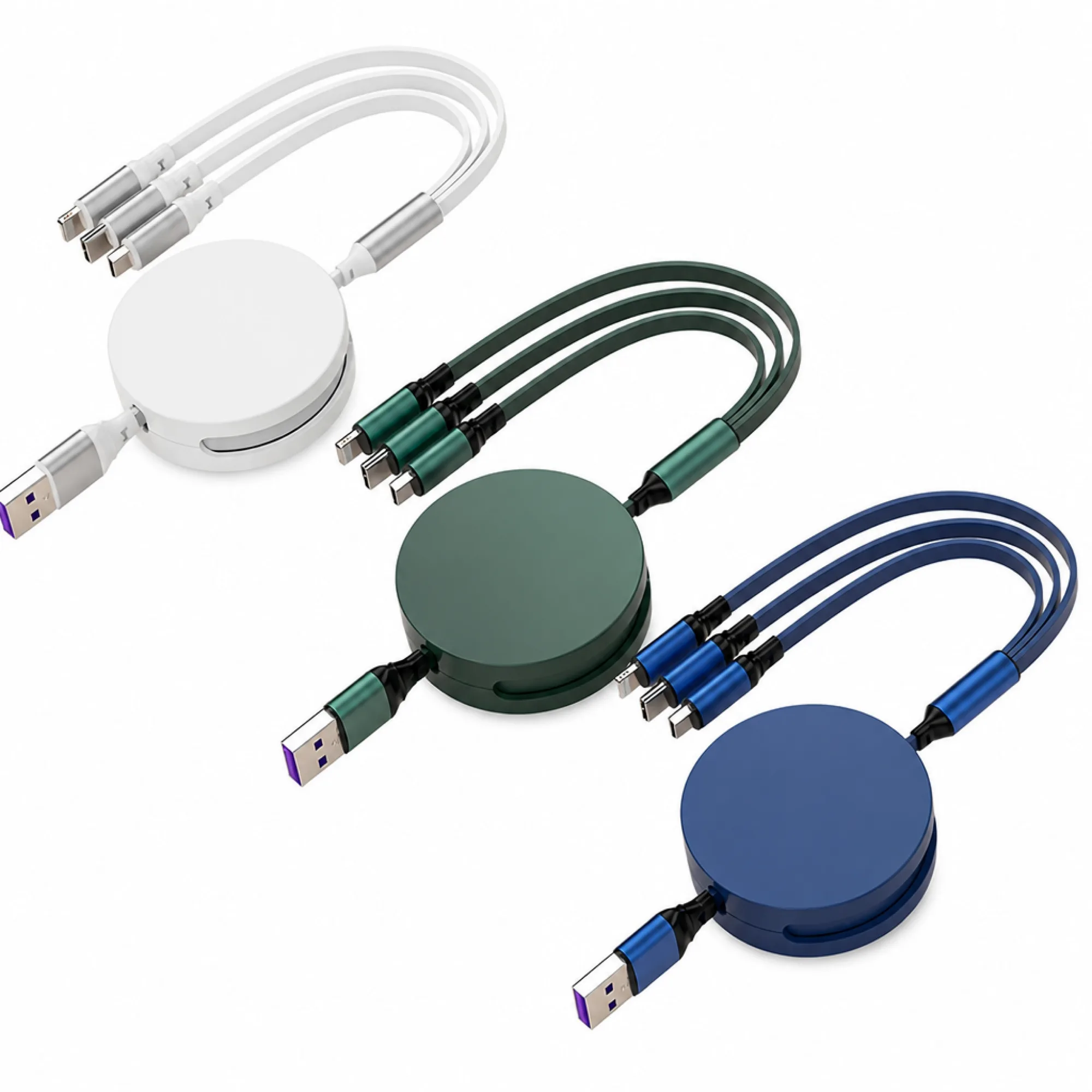 Retractable 3-in-1 USB-C Charging Cable with Lightning, Micro USB, and Type-C Outputs, 1.2m, 100W/120W