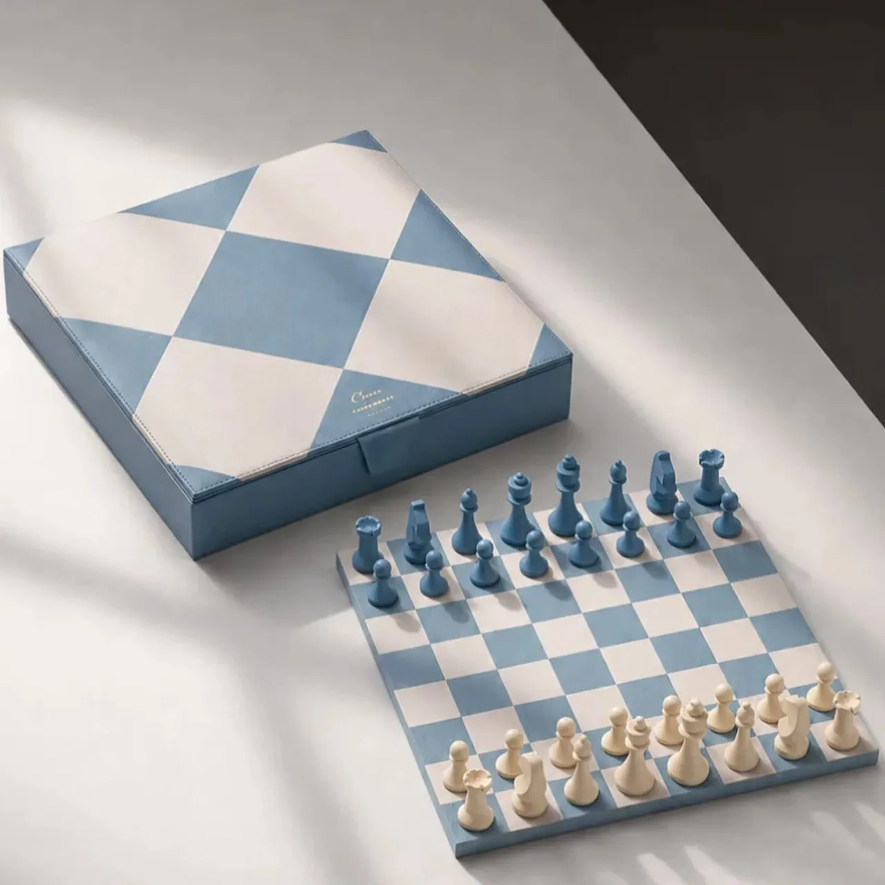 Blue and Beige Leather-Like Chess Set in Rigid Gift Box