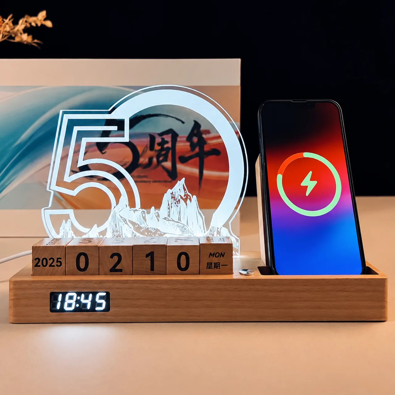 Wooden Desk Organizer with Wireless Charger and Calendar Blocks — View 1