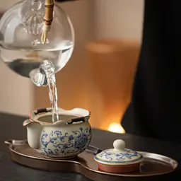 Blue Floral Ceramic Tea Set with Teapot, Two Cups, Tray, Gift Box thumbnail 2
