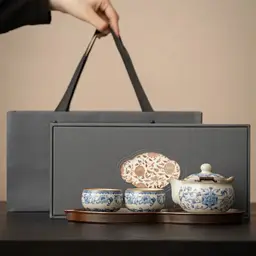 Blue Floral Ceramic Tea Set with Teapot, Two Cups, Tray, Gift Box thumbnail 5