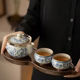 Blue Floral Ceramic Tea Set with Teapot, Two Cups, Tray, Gift Box thumbnail 4