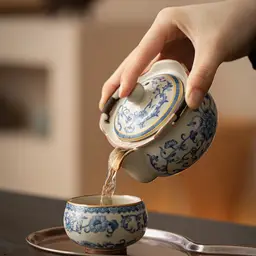 Blue Floral Ceramic Tea Set with Teapot, Two Cups, Tray, Gift Box thumbnail 3