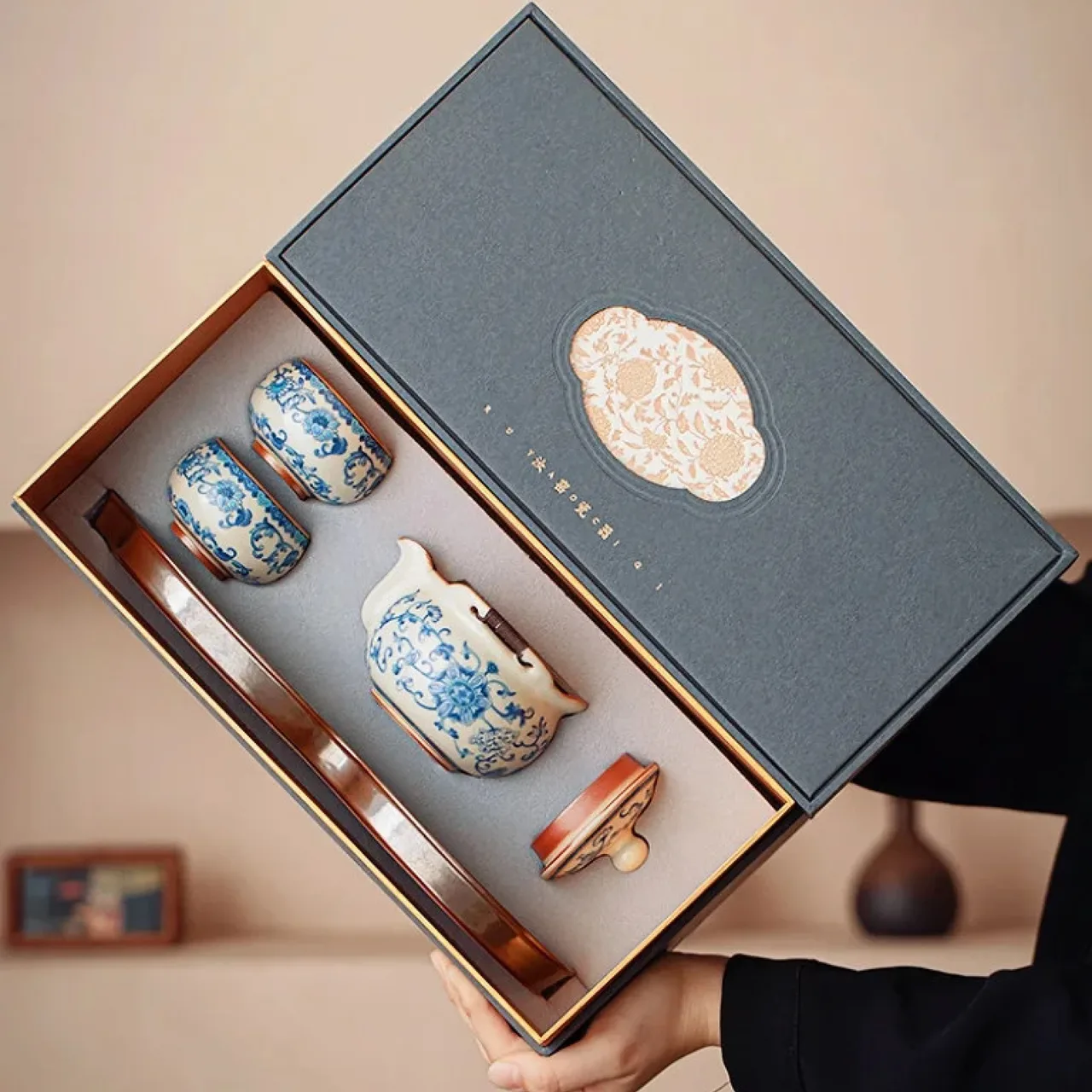 Blue Floral Ceramic Tea Set with Teapot, Two Cups, Tray, Gift Box