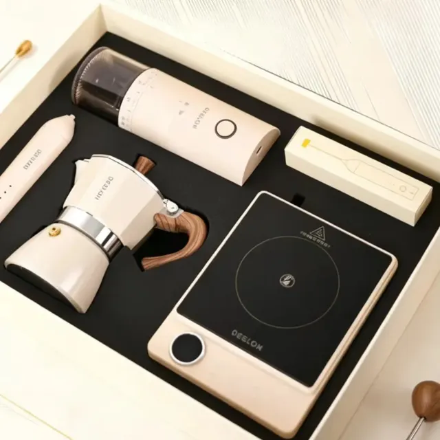 Moka Pot Coffee Gift Set with Grinder, Frother, and Induction Plate