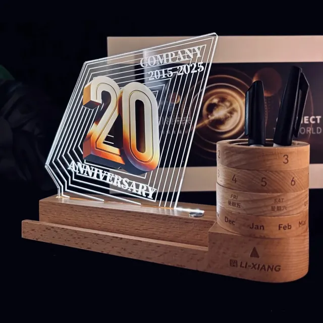Beech Wood Desk Organizer with Rotating Calendar and Light Panel corporate gift set