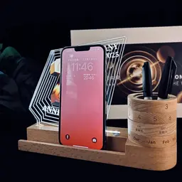 Beech Wood Desk Organizer with Rotating Calendar and Light Panel thumbnail 4