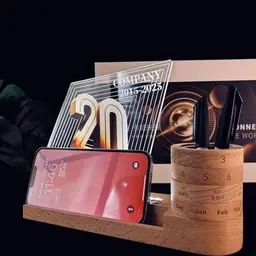 Beech Wood Desk Organizer with Rotating Calendar and Light Panel thumbnail 3