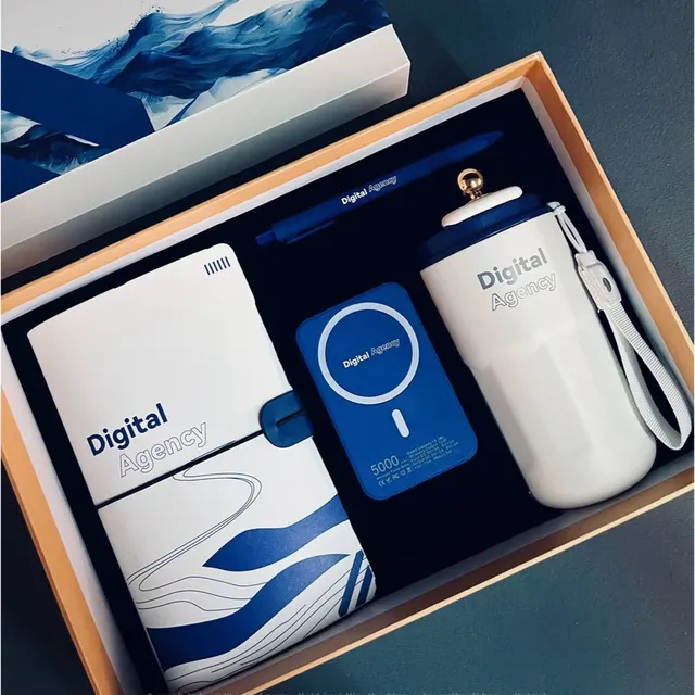 Notebook, Pen, Power Bank and Tumbler Gift Set in White and Blue