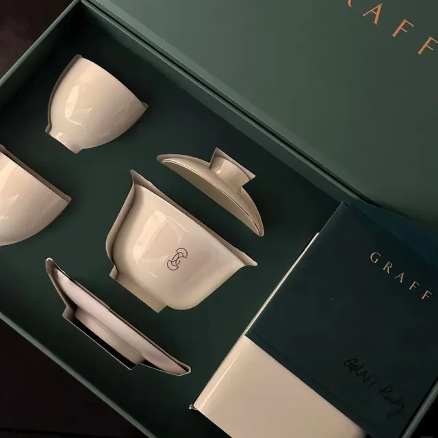 White Ceramic Tea Set with Gaiwan, Two Cups, Tea Tin in Gift Box