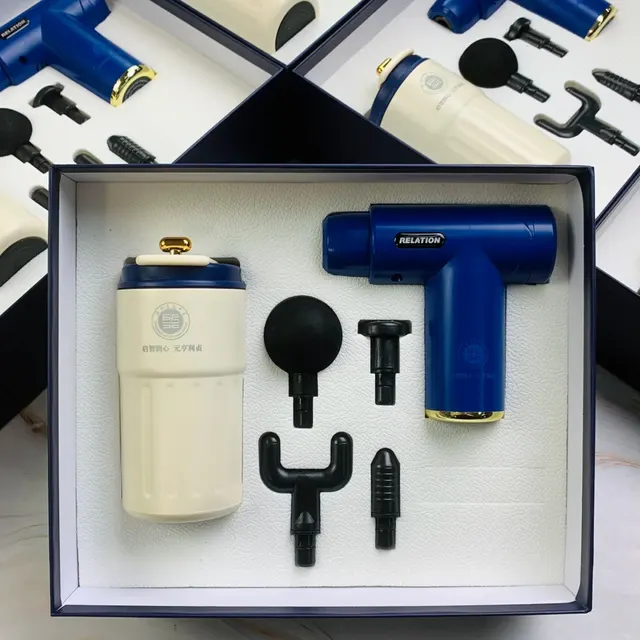 Blue Massage Gun and Beige Tumbler Gift Set corporate gift set