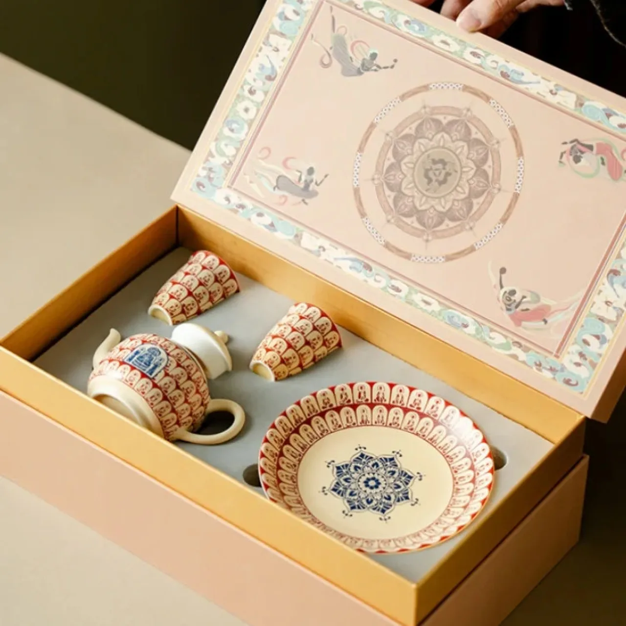 Beige Ceramic Tea Set with Teapot, Two Cups, Plate, and Gift Box