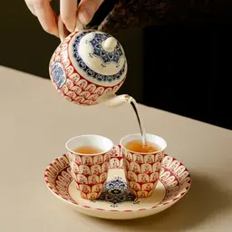 Beige Ceramic Tea Set with Teapot, Two Cups, Plate, and Gift Box thumbnail 2