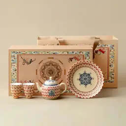 Beige Ceramic Tea Set with Teapot, Two Cups, Plate, and Gift Box thumbnail 6