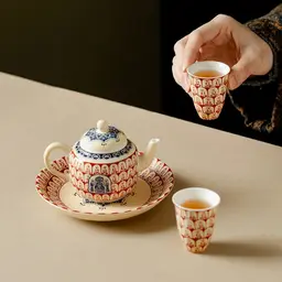 Beige Ceramic Tea Set with Teapot, Two Cups, Plate, and Gift Box thumbnail 3