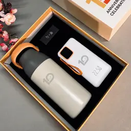 Beige Thermos and White Power Bank Gift Set with Charging Cable thumbnail 4