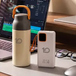 Beige Thermos and White Power Bank Gift Set with Charging Cable thumbnail 2