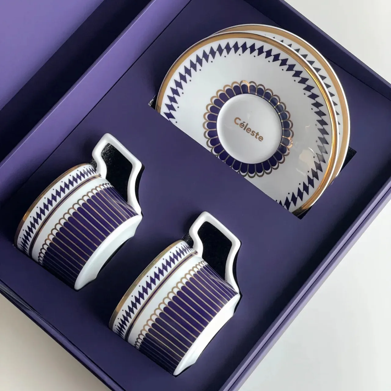 Ceramic Tea Set with Two Cups and Saucers in Purple Gift Box