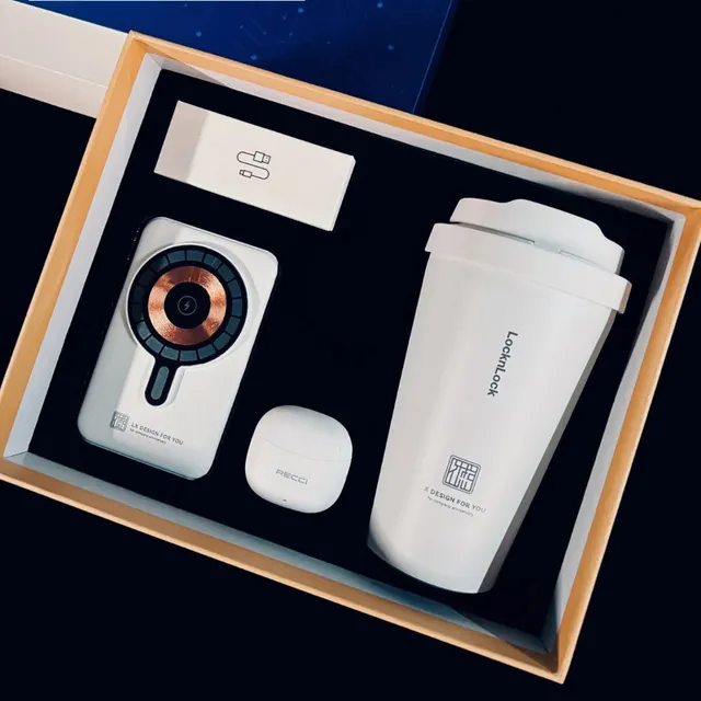 White Wireless Power Bank, Earbuds and Tumbler Gift Set