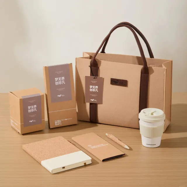 Beige and Brown Sustainable Gift Set with Tote, Notebook, Tumbler, Pen, and