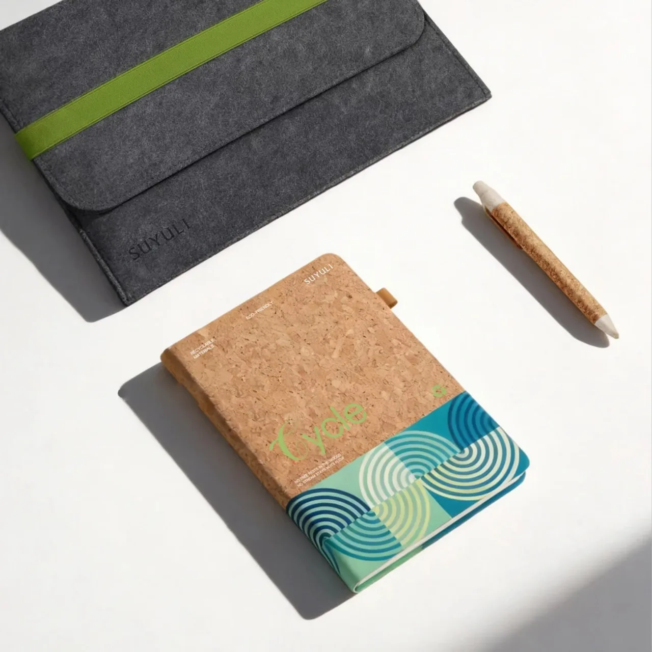Cork Notebook, Cork Pen, and Gray Felt Laptop Sleeve Gift Set