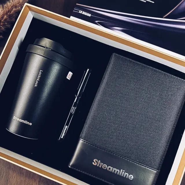 Black Tumbler, Pen and A5 Notebook Gift Set in Beige Rigid Box