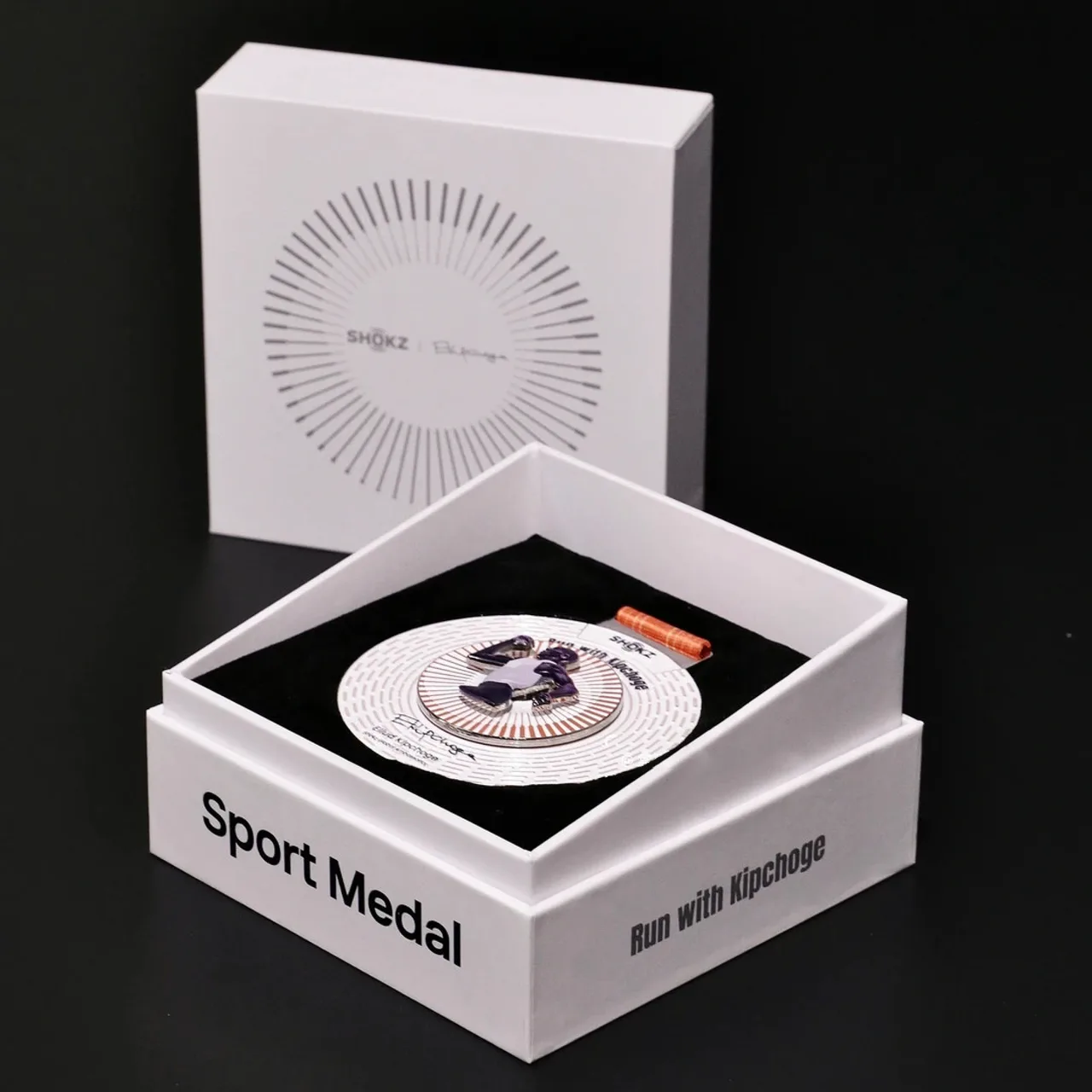 Silver Sport Medal with Orange Silicone Strap in White Rigid Gift Box