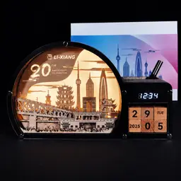 Illuminated Wooden Desk Organizer with Clock, Calendar and Pen thumbnail 2