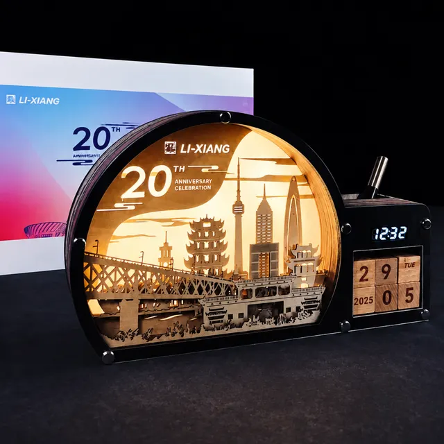 Illuminated Wooden Desk Organizer with Clock, Calendar and Pen corporate gift set