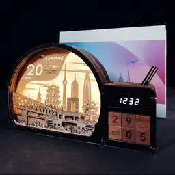Illuminated Wooden Desk Organizer with Clock, Calendar and Pen thumbnail 3