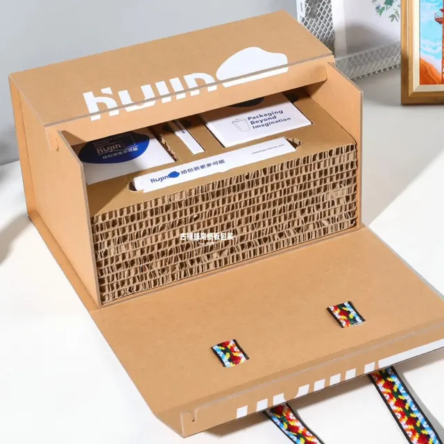 Brown Paperboard Gift Set with Hinged Lid and Fabric Handles