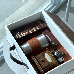 Wooden Coffee Grinder and Leather Tumbler Gift Set in Brown Rigid Box thumbnail 2