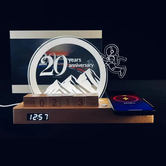 Wooden Desk Organizer with Clock, Calendar and Wireless Charger corporate gift set