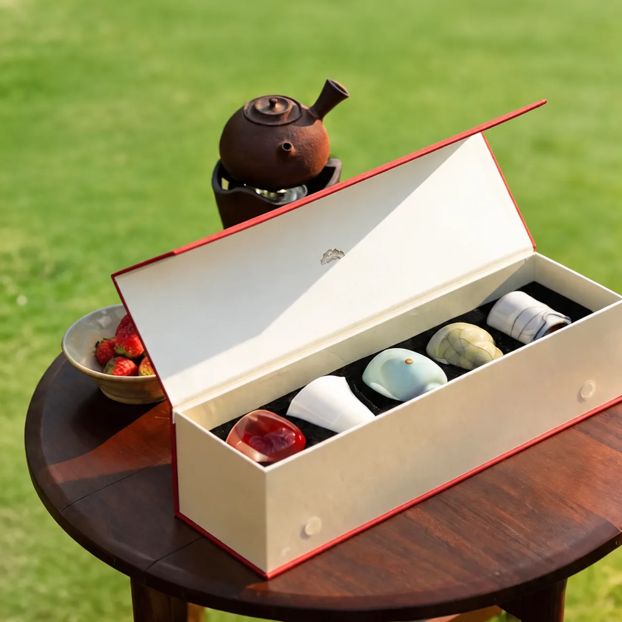 Ceramic Tea Cups and Glass Pitcher Gift Set in Red Rigid Box