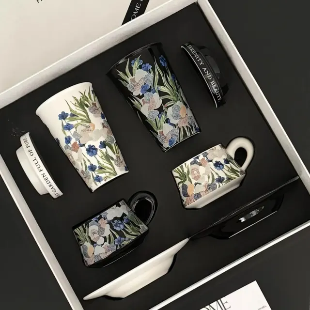 Two Ceramic Tumblers and Two Mugs Gift Set with Floral Pattern