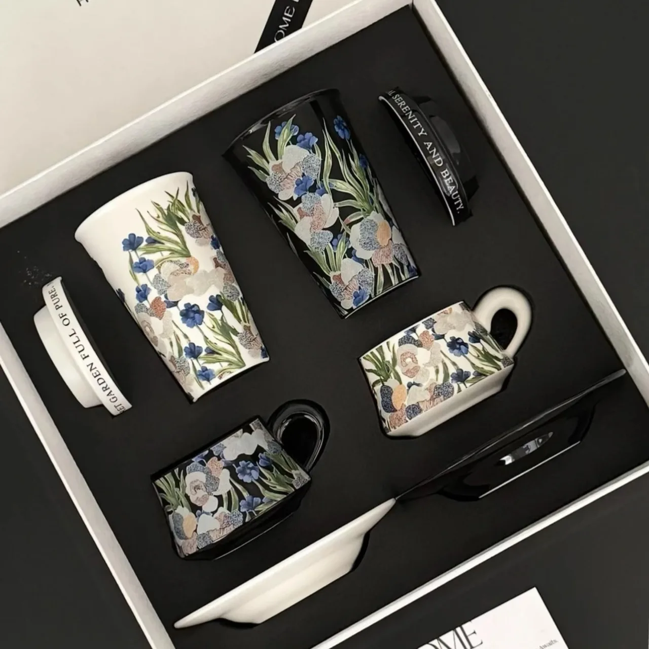Two Ceramic Tumblers and Two Mugs Gift Set with Floral Pattern