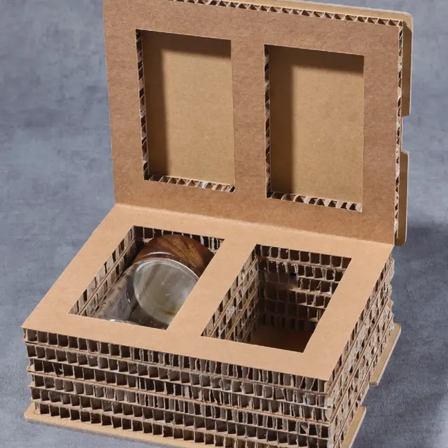 Two Glass Jars with Wooden Lids in Honeycomb Cardboard Gift Box