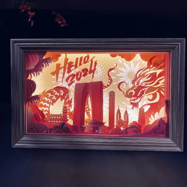 Paper-Carved Illuminated Dragon Art with Wooden Frame corporate gift set