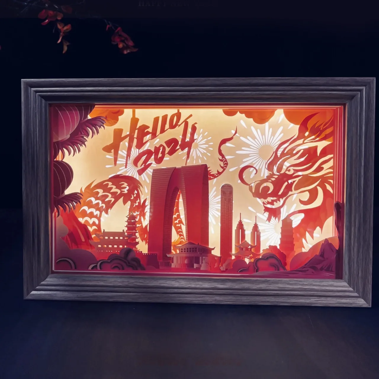 Paper-Carved Illuminated Dragon Art with Wooden Frame — View 1