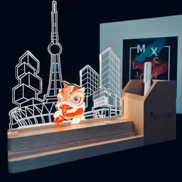 Beech Wood Desk Organizer with Illuminated Acrylic Panel and Pen thumbnail 3