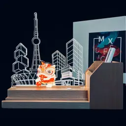 Beech Wood Desk Organizer with Illuminated Acrylic Panel and Pen thumbnail 1