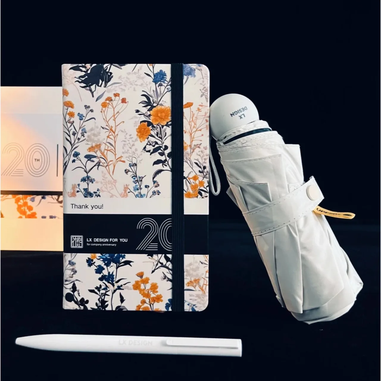 Floral Notebook, Pen and Umbrella Gift Set in Rigid White Box