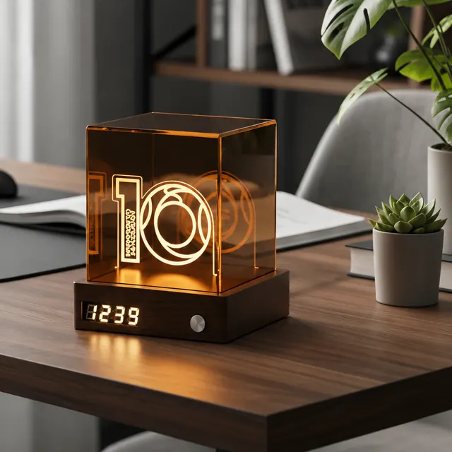 Walnut Base Desk Organizer, Digital Clock & Cube Night Light corporate gift set