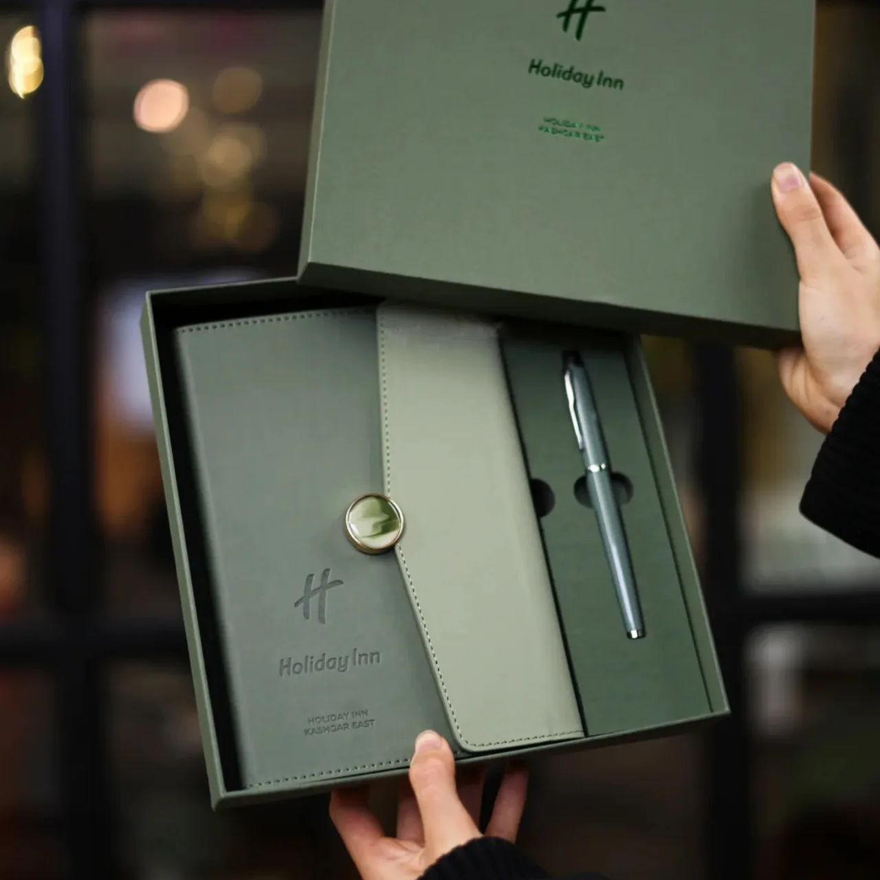 Green Notebook and Metal Pen Gift Set in Rigid Box