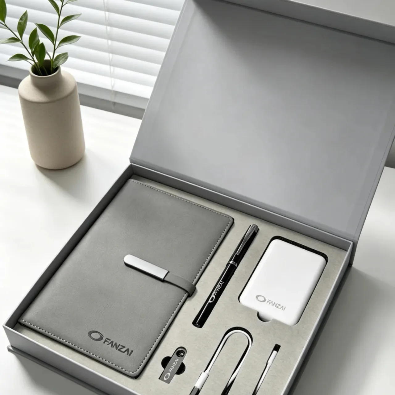 Notebook, Pen, Power Bank, Charging Cable, and Wireless Charger Gift Set