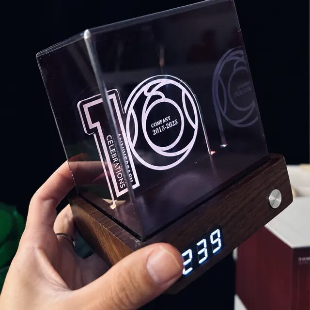 Acrylic Cube Night Light with Digital Clock and Wooden Base corporate gift set
